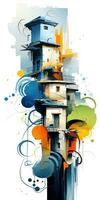 huis gebouw toren abstract modern kunst schilderij collage canvas uitdrukking illustratie artwork foto