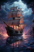 zee storm schip maan dromerig fantasie mysterie tarot illustratie kunst tatoeëren poster kaart nacht foto