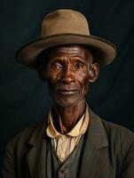 Afrikaanse Amerikaans Mens van de vroeg jaren 1900 gekleurde oud foto ai generatief