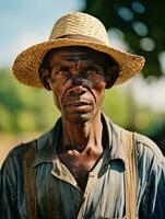 Afrikaanse Amerikaans Mens van de vroeg jaren 1900 gekleurde oud foto ai generatief