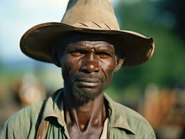 Afrikaanse Amerikaans Mens van de vroeg jaren 1900 gekleurde oud foto ai generatief