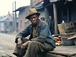 Afrikaanse Amerikaans Mens van de vroeg jaren 1900 gekleurde oud foto ai generatief