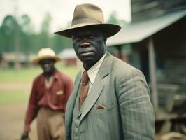 Afrikaanse Amerikaans Mens van de vroeg jaren 1900 gekleurde oud foto ai generatief