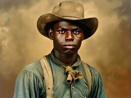 Afrikaanse Amerikaans Mens van de vroeg jaren 1900 gekleurde oud foto ai generatief