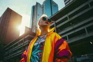 vrouw wandelen vol vertrouwen door de levendig neon lit straten ai generatief foto