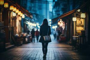 vrouw wandelen vol vertrouwen door de levendig neon lit straten ai generatief foto
