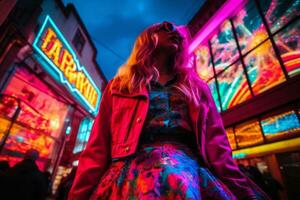 vrouw wandelen vol vertrouwen door de levendig neon lit straten ai generatief foto