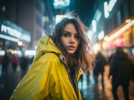 vrouw wandelen vol vertrouwen door de levendig neon lit straten ai generatief foto