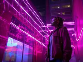 vrouw wandelen vol vertrouwen door de levendig neon lit straten ai generatief foto