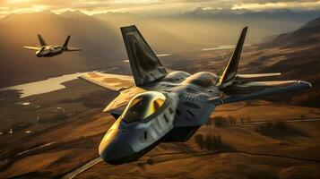 een lockheed Martin f 35 vechter Jet eskader in vorming. generatief ai. foto