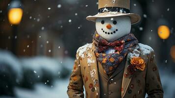 een vrolijk Kerstmis sneeuwman met sjaal en hoed in een winter besneeuwd tafereel. ai generatief. foto