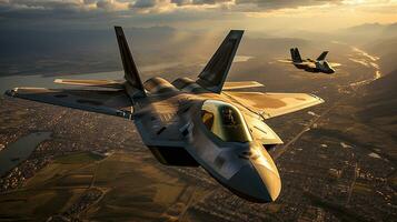 een lockheed Martin f 35 vechter Jet eskader in vorming. generatief ai. foto