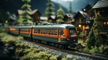 model- miniatuur troller trein reeks en besneeuwd Kerstmis versierd stad- instelling. generatief ai. foto