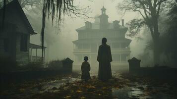 griezelig spookachtig spookachtig aftekenen vrouw en kind figuren wandelen in voorkant van een mistig zuidelijk plantage vooroorlogs herenhuis Aan halloween nacht - generatief ai. foto