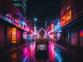 vrouw wandelen vol vertrouwen door de levendig neon lit straten ai generatief foto