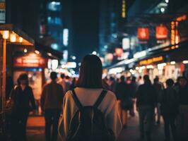 vrouw wandelen vol vertrouwen door de levendig neon lit straten ai generatief foto