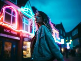 vrouw wandelen vol vertrouwen door de levendig neon lit straten ai generatief foto