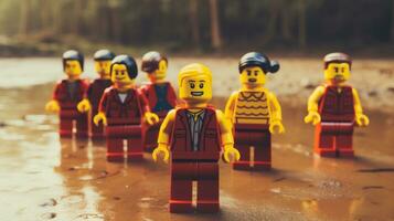 Lego karakter aan boord gaan Aan episch avonturen met vrienden ai generatief foto