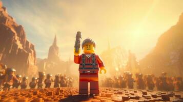 Lego karakter aan boord gaan Aan episch avonturen met vrienden ai generatief foto