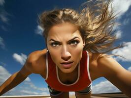 dynamisch fotograaf van vrouw atleet ai generatief foto