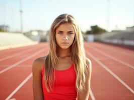 dynamisch fotograaf van vrouw atleet ai generatief foto