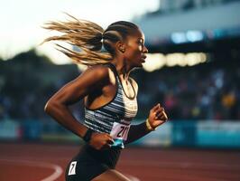 dynamisch fotograaf van vrouw atleet ai generatief foto