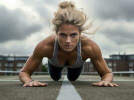 dynamisch fotograaf van vrouw atleet ai generatief foto