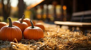 tientallen van oranje vallen en halloween pompoenen en hooi decoreren de land schuur tafereel - generatief ai. foto