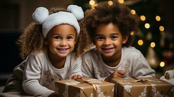 twee schattig Afrikaanse Amerikaans kinderen aan het wachten naar uitpakken hun Kerstmis cadeaus Aan Kerstmis ochtend. generatief ai. foto