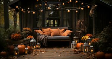 vallen en herfst prachtig versierd huis veranda's met pompoenen, kalebassen en zitplaatsen - generatief ai. foto