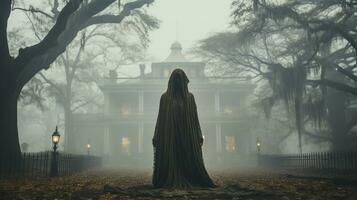 griezelig spookachtig spookachtig vrouw figuur wandelen in voorkant van een mistig zuidelijk plantage vooroorlogs herenhuis Aan halloween nacht - generatief ai. foto