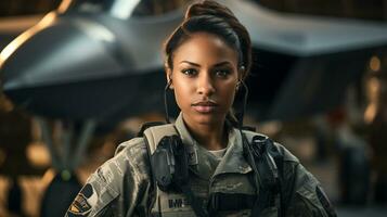 vrouw Afrikaanse Amerikaans vechter piloot soldaat staat buiten haar vechter Jet - generatief ai. foto