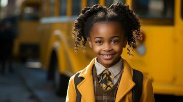 aanbiddelijk glimlachen Afrikaanse Amerikaans school- meisje gekleed hartelijk buiten in de buurt de school- bus - generatief ai. foto