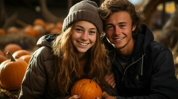 jong vriendje en vriendin genieten van de vallen pompoen lap Aan een herfst dag - generatief ai. foto