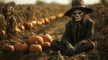 spookachtig halloween skelet vogelverschrikker figuur temidden van de pompoenen in de veld- - generatief ai. foto