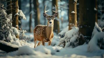 een majestueus gehoornd braak hert buck in de winters wildernis. generatief ai. foto