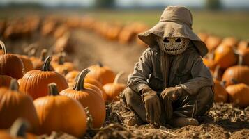 spookachtig halloween vogelverschrikker figuur temidden van de pompoenen in de veld- - generatief ai. foto