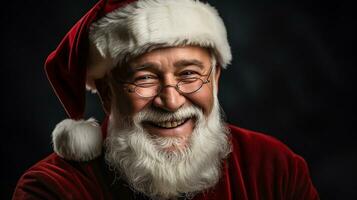 gemoedelijk lachend de kerstman clausule gekleed Mens vervelend een de kerstman hoed en rood jasje. generatief ai. foto