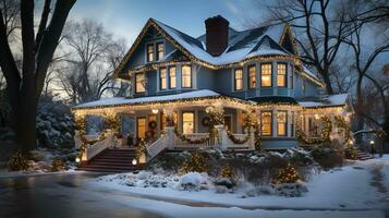 mooi Kerstmis versierd huis Aan een winter avond. generatief ai. foto