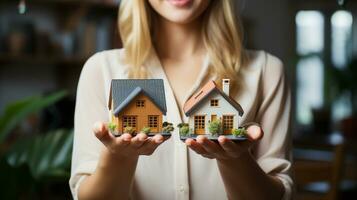 een vrouw echt landgoed middel Holding een miniatuur huis in voorkant van haar - generatief ai. foto