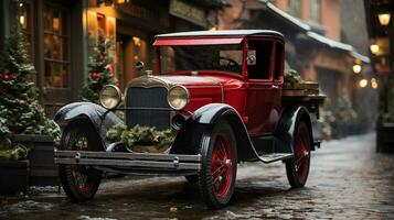 klassiek wijnoogst auto geparkeerd buiten de feestelijk Kerstmis versierd winkels. generatief ai. foto