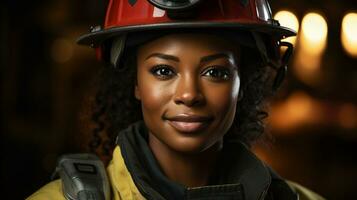 vrouw Afrikaanse Amerikaans brandweerman vervelend beschermend helm en uitrusting Bij een brand incident - generatief ai. foto