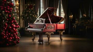 klassiek overladen groots piano in een Kerstmis versierd muziek- kamer. generatief ai. foto