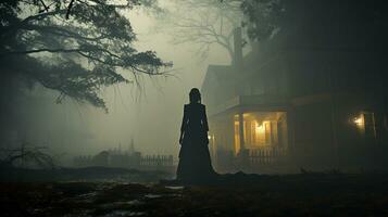 griezelig spookachtig spookachtig vrouw figuur wandelen in voorkant van een mistig zuidelijk plantage vooroorlogs herenhuis Aan halloween nacht - generatief ai. foto