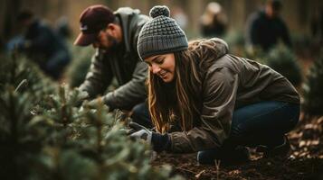 arbeiders aanplant jonge boom pijnboom bomen en de Kerstmis boom boerderij. generatief ai. foto