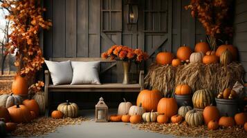 vallen en herfst prachtig versierd schuur zittend Oppervlakte met pompoenen, kalebassen en zitplaatsen - generatief ai. foto