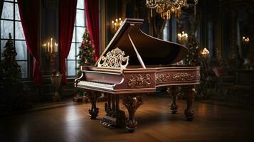 klassiek overladen groots piano in een Kerstmis versierd muziek- kamer. generatief ai. foto