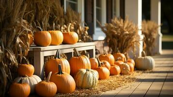 vallen en herfst prachtig versierd huis veranda's met pompoenen, kalebassen en zitplaatsen - generatief ai. foto