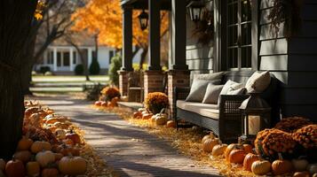 vallen en herfst prachtig versierd huis veranda's met pompoenen, kalebassen en zitplaatsen - generatief ai. foto