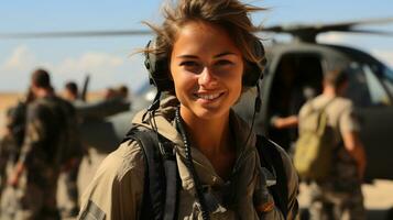 vrouw leger helikopter piloot staand in de buurt haar vliegtuig - generatief ai. foto